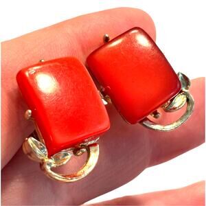 Vintage Mid Century screw back earrings silvertone settings & Red Lucite chips